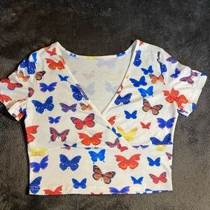 SHEIN V Neck / Low Cut Butterfly Crop Top Size S